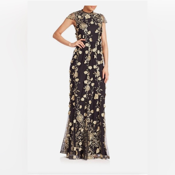 Alice + Olivia Aalihah Gown Gold Embroidered 3d Motifs Size XS - Picture 1 of 12
